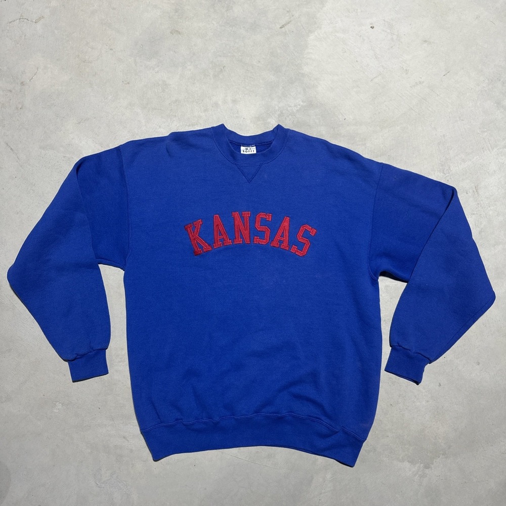 VTG 90s Kansas University KU Jayhawks Blue Crewneck Spellout Sweatshirt Men's XL